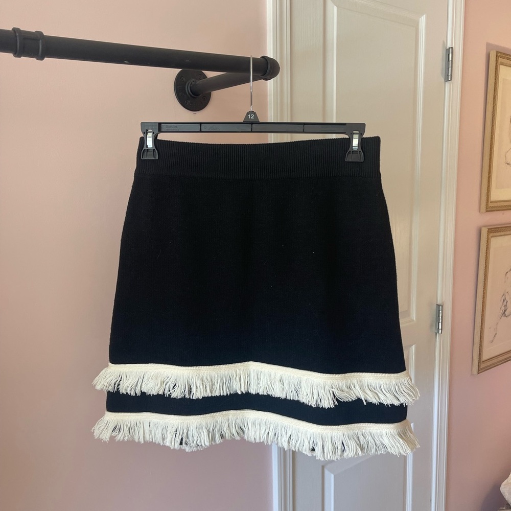 Never Fully Dressed Black Knit Mini Skirt with Cream Fringe